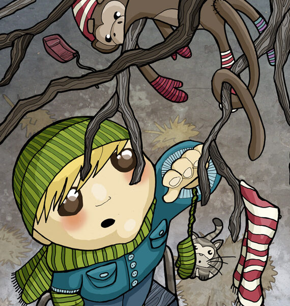 Roope tekee urotyön: irrottaa hännästään puuhun juuttuneen lemmikkiapinan. Kirjan kuvitusta, piirros Noora Katto