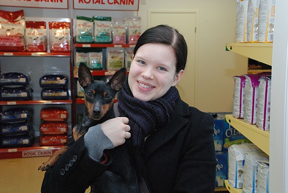 Heidi Lundberg ja kääpiöpinseri Cali olivat uuden liikkeen viimeistelypuuhissa alkuviikolla.