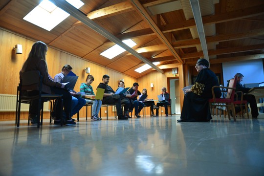 Revyyn aloituskohtausta käytiin läpi tiistaina; rivissä vasemmalta Siiri Melkkilä, Otso Lapila, Masa Rytkönen, Heidi Hagström, Kimmo Lehto, Anne Tenha, Minna Nieminen sekä Anni ja Elina Salomaa. Lilja Kinnunen-Riipinen on juuri opastanut joukkoaan ottamaan kokouskohtauksen aluksi rötköttävän asennon.