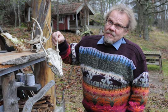 Juhani Karhumäki on kerännyt metsäretkiltä kallojen kokoelman. Kuvassa olevan kallo on kuulunut kauriille, jonka Karhumäki arvelee joutuneen ilveksen syömäksi.