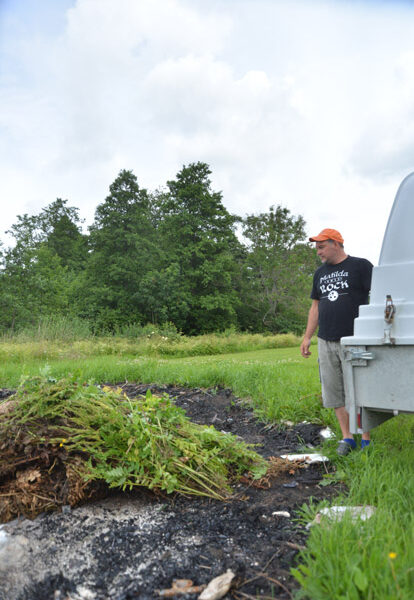 Kai Siltala on kerännyt rehuvuohenhernettä juhannuskokon paikalle. Kasvijäte hävitetään polttamalla.