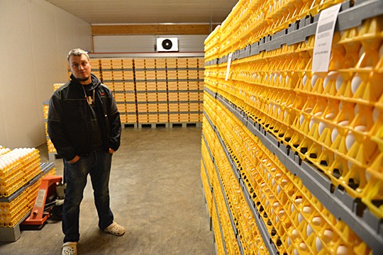 Munalavojen kyljessä on tieto muun muassa tuotantotavasta, keruun ajankohdasta ja määristä. Munat voivat päätyä ihan eri puolelle Suomea, mutta ne ovat jäljitettävissä tilalle asti, kertoo Topias Huittinen.